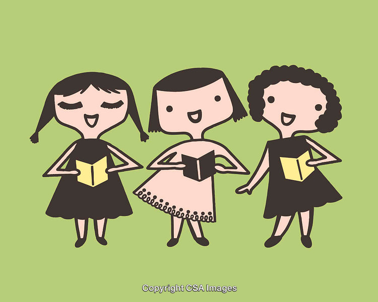 Illustration of Three Girls Holding Books and Singing