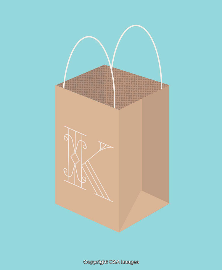Minimalist Shopping Bag Illustration with Decorative Lettering on a Blue Background