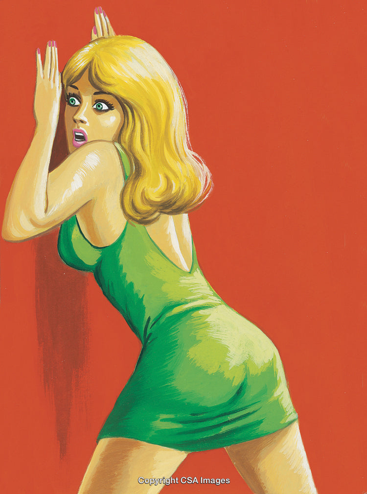 Surprised Woman in Green Dress with Red Backdrop Illustration