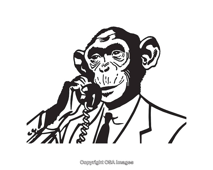 Black and White Illustration of a Monkey in Suit Talking on Phone
