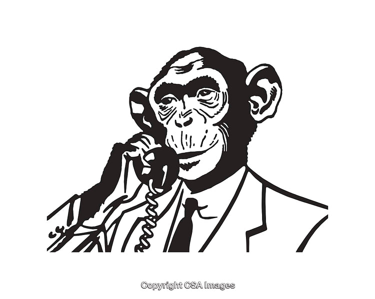 Black and White Illustration of a Monkey in Suit Talking on Phone