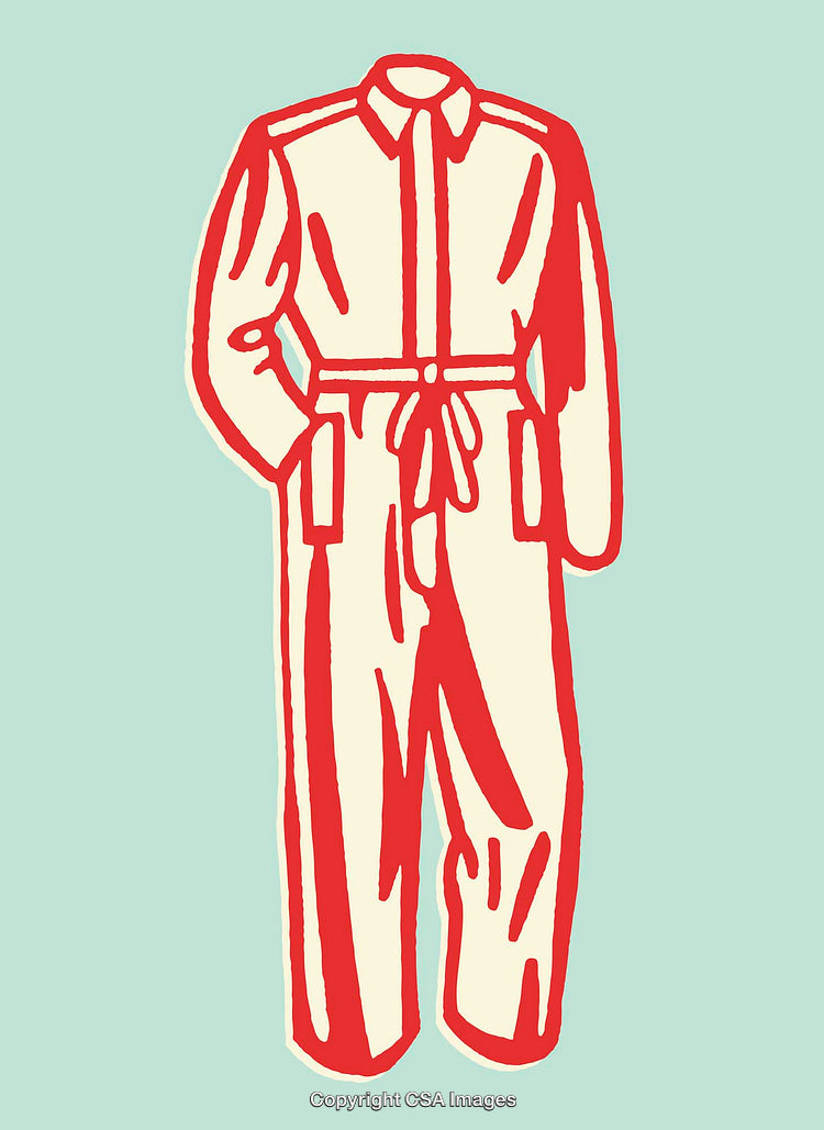 Stylized Red and Beige Illustrated Coverall Against Pastel Background
