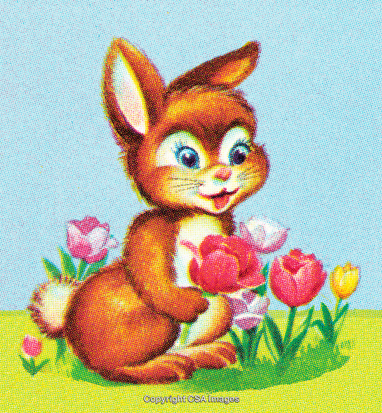 Playful Cartoon Rabbit with Colorful Tulips in a Spring Meadow