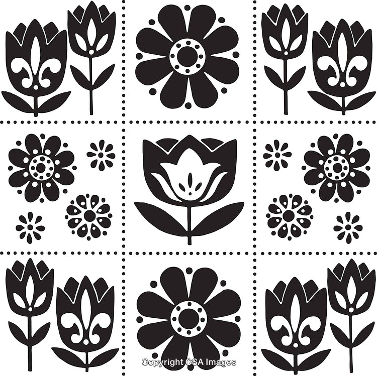 Black and White Floral Pattern Featuring Tulips and Daisies in Repetition
