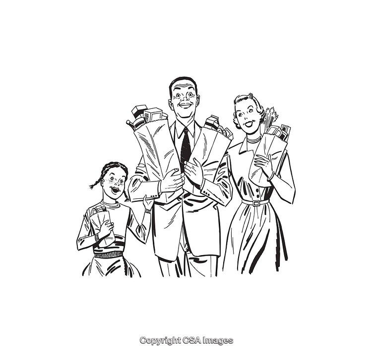 Vintage Family Illustration with Groceries in Black and White Line Art