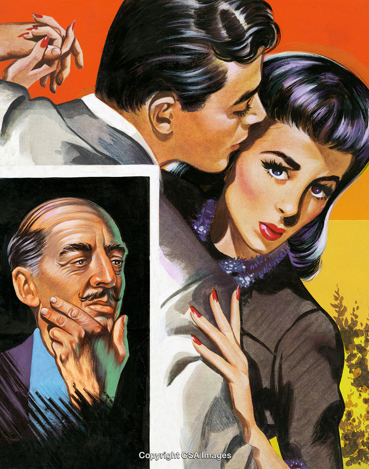 Romantic Couple In Embrace with Mysterious Man in Artistic Composition