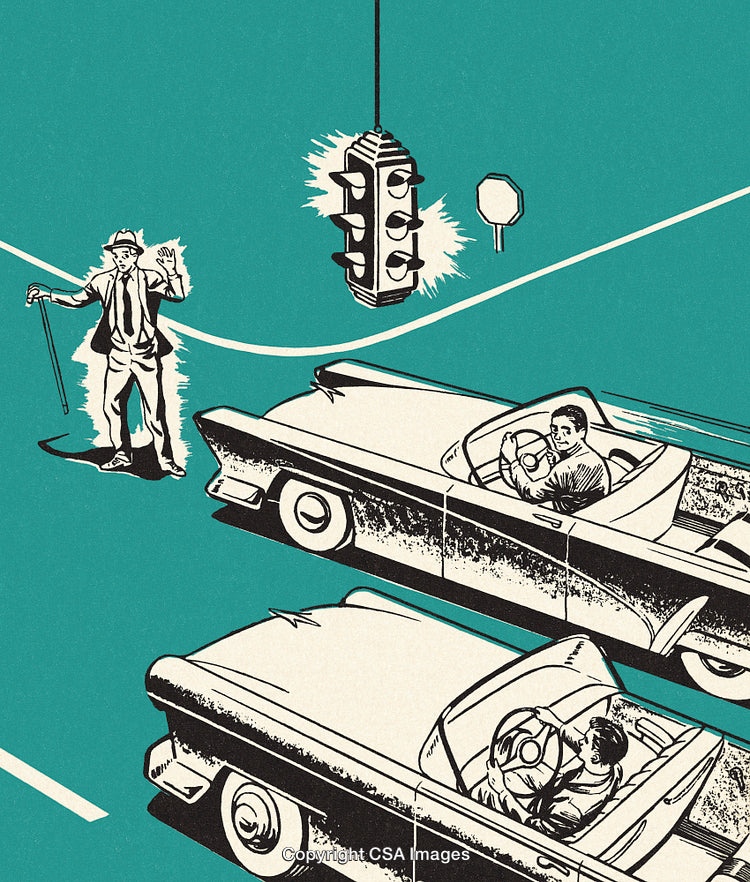 Vintage Illustration of Traffic Interaction with Classic Cars and Pedestrian