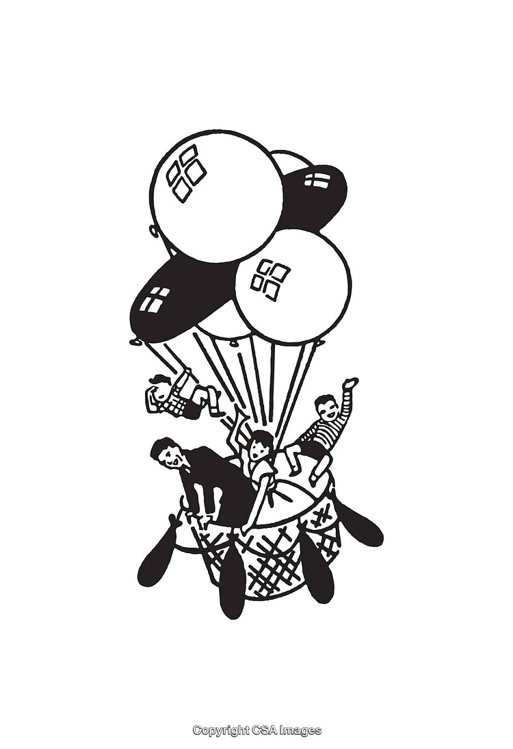 Children Enjoying a Basket Ride with Balloon on Black and White Sketch