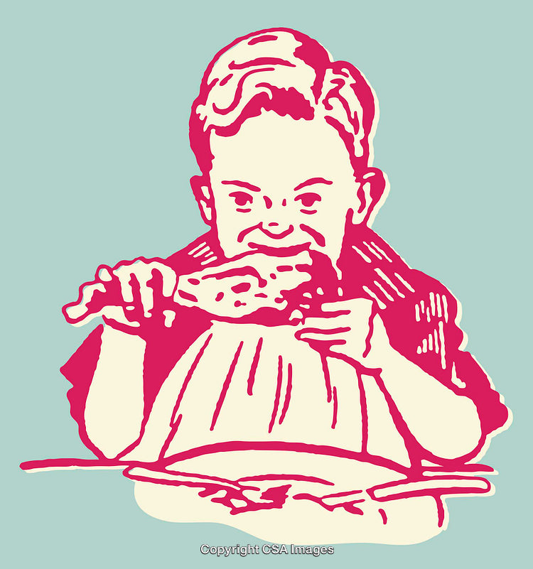 Vintage Line Art Illustration of Child Eating With Enthusiasm