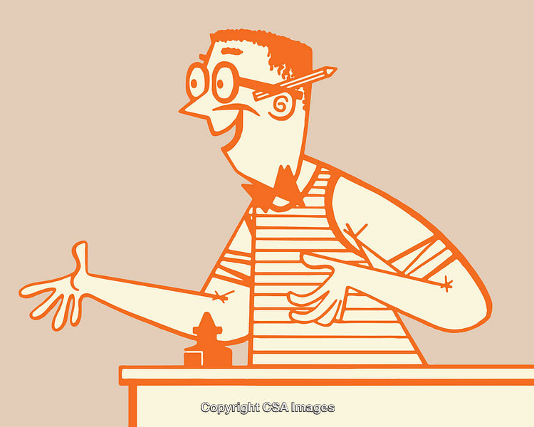 Joyful Cartoon Character with Glasses and Pencil Illustration
