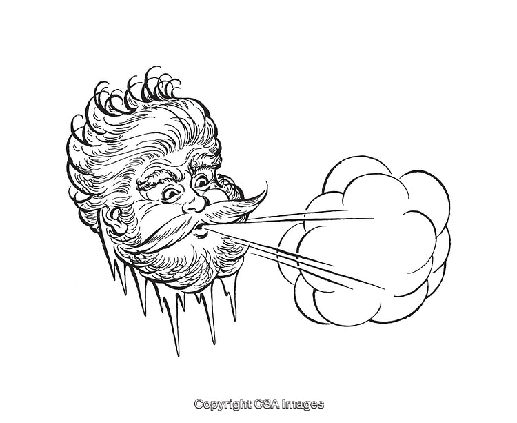 Vintage Line Art of a Windswept Man Blowing Air