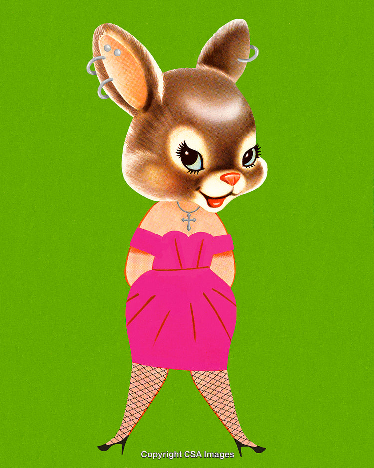 Stylized Anthropomorphic Bunny in Formal Pink Dress on Green Backdrop