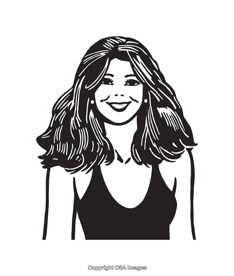 Black and White Line Art of Smiling Woman with Long Hair