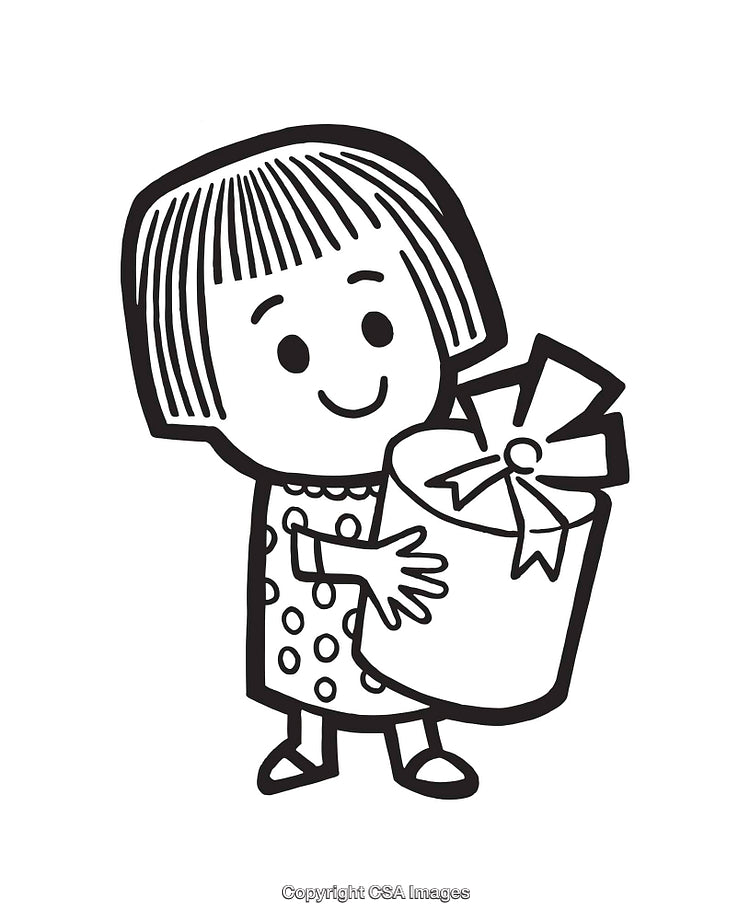 Cheerful Child Holding a Gift Box Black and White Illustration
