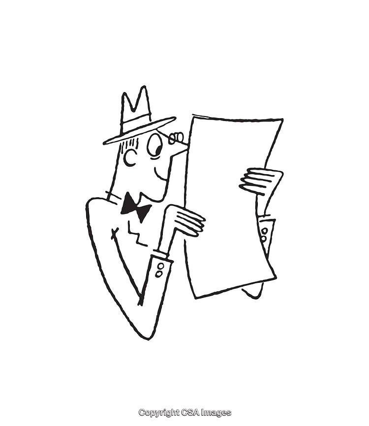 Cartoon Illustration of a Man Reading a Document in Line Art Style