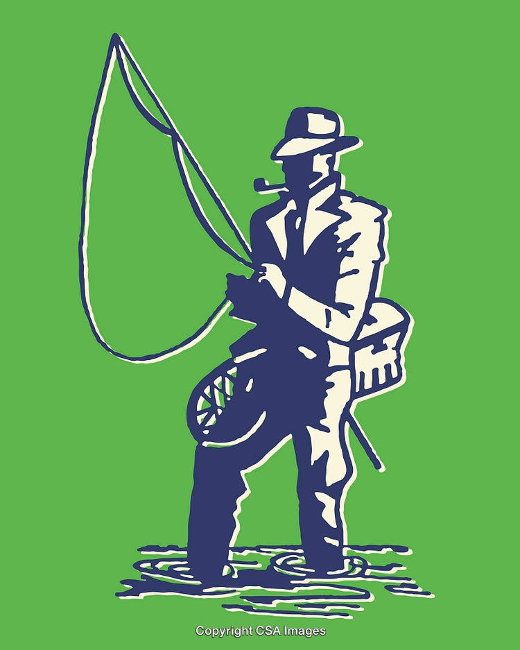 Colorful Line Art Illustration Depicting a Fly Fisherman in Action