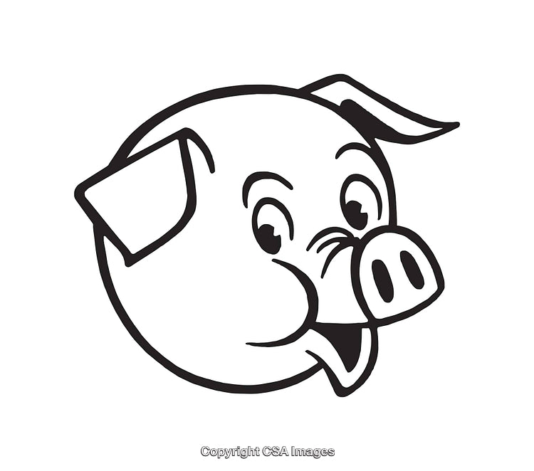Cheerful Cartoon Pig Head Line Art in Black and White