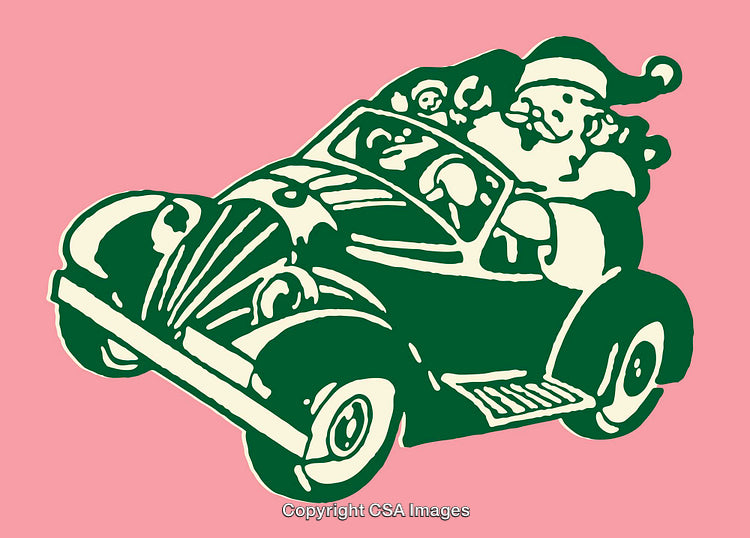 Vintage Christmas Illustration of Santa Driving a Festive Vehicle on a Pink Background