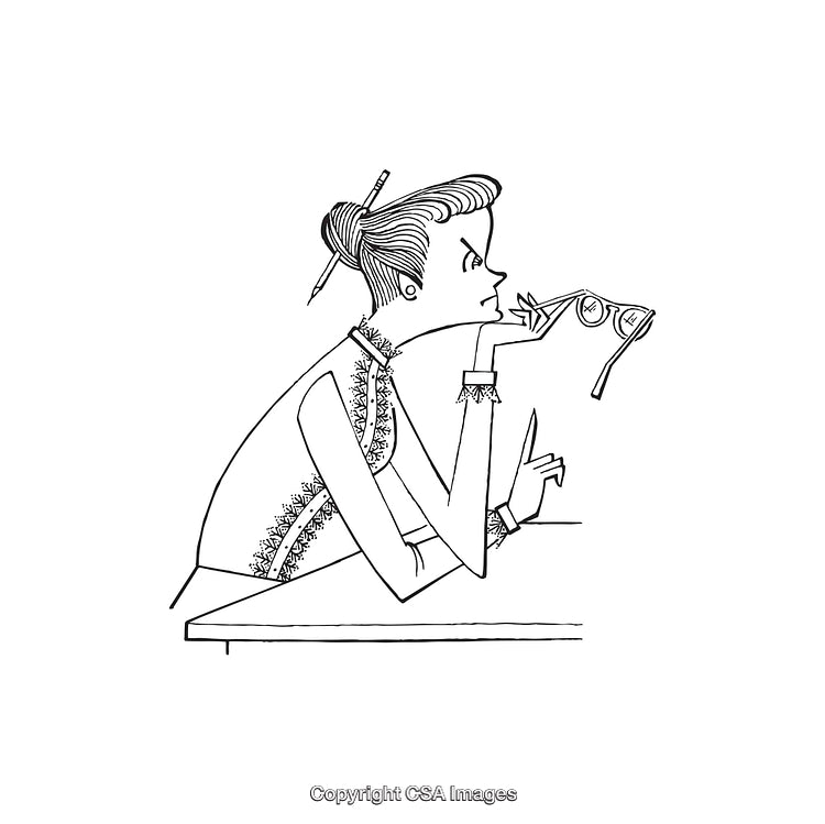 Elegant Line Art Woman Holding Glasses in Thoughtful Pose