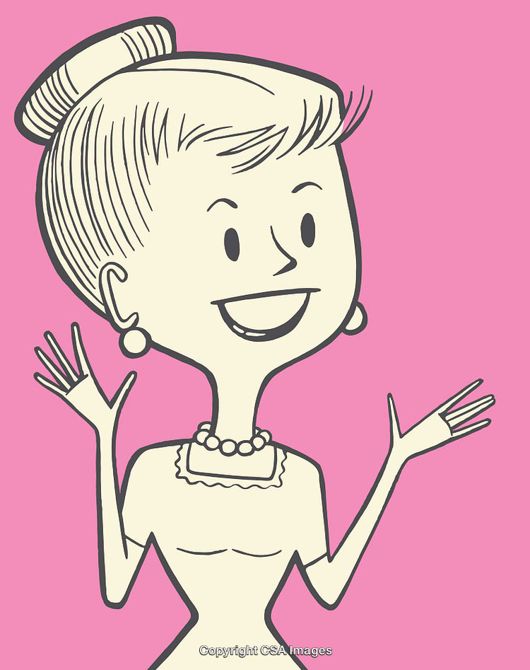 Retro Cartoon Woman Smiling in Pink Background with Elegant Appearance