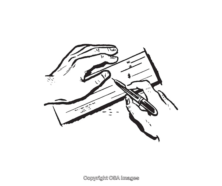 Black and White Illustration of Hands Writing on a Check