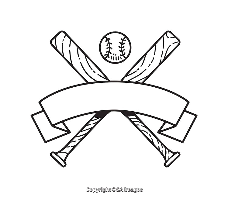 Black and White Line Art Design of Baseball Bats and Ball with Banner