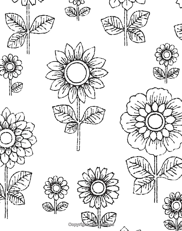 Hand Drawn Black And White Floral Pattern With Beautiful Sunflowers And Leaves