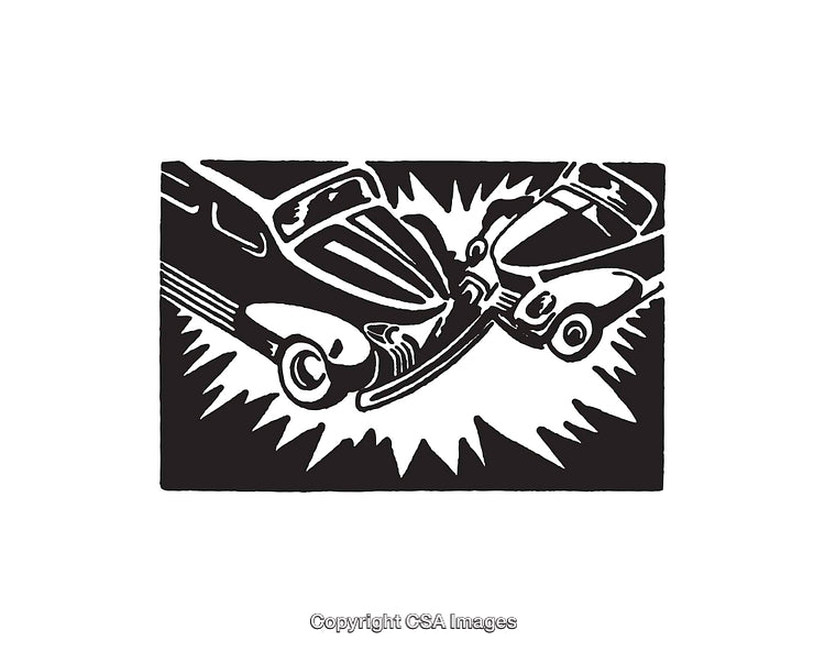 Black and White Line Art of Two Cars Colliding in a Crash Scene