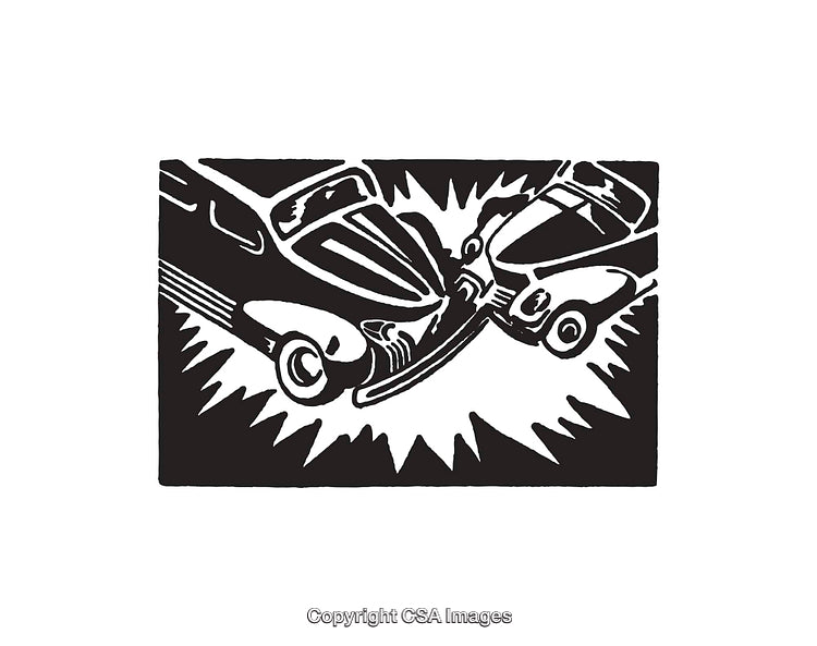 Black and White Line Art of Two Cars Colliding in a Crash Scene