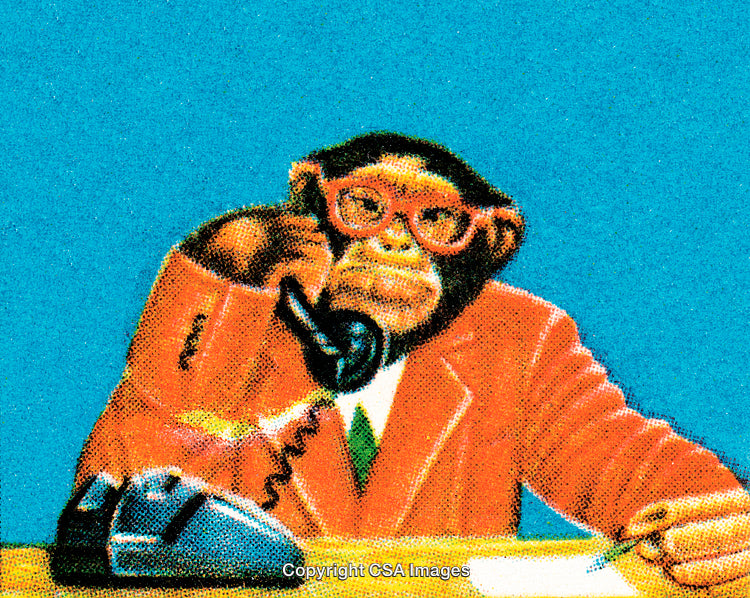 Monkey Dressed as Businessman on Telephone and Writing Notes, Whimsical Illustration