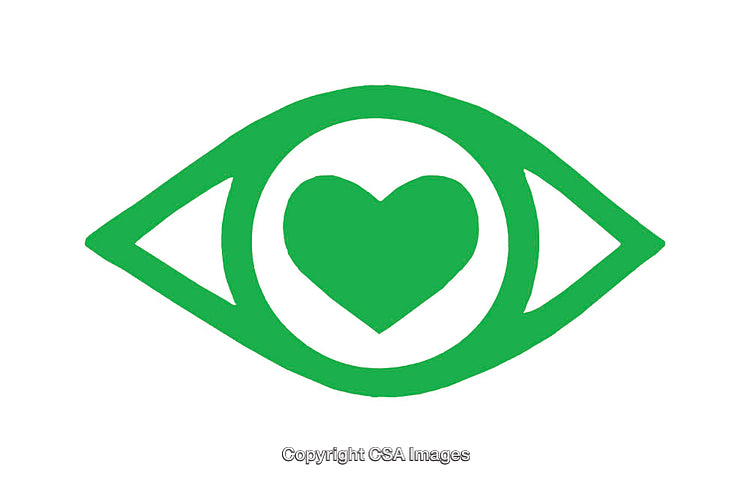 Green Eye Icon with a Heart Symbol in Minimalist Design