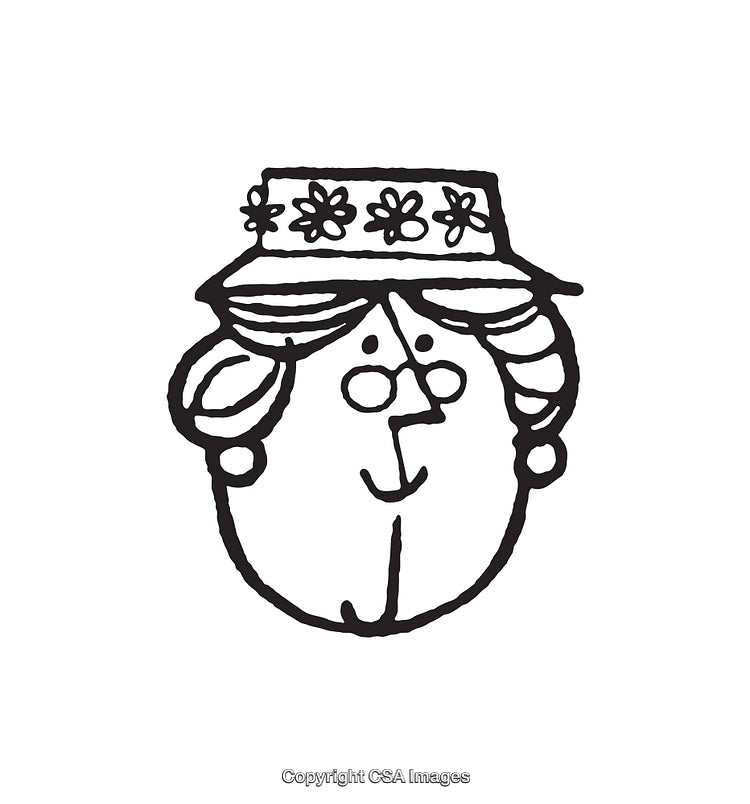 Whimsical Line Art Illustration of a Smiling Lady Wearing a Floral Hat
