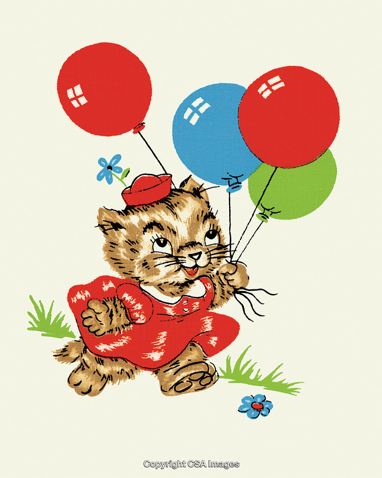 Illustration of a Playful Kitten Holding Colorful Balloons in a Meadow