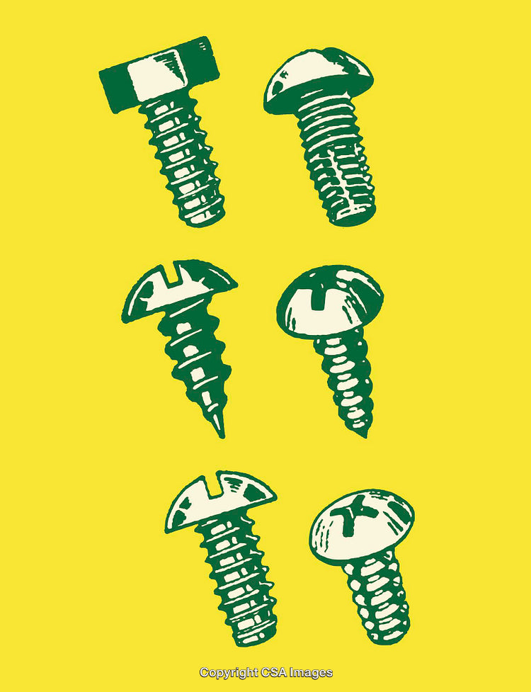 Green and Yellow Industrial Fastener Art Featuring Various Screws and Bolts