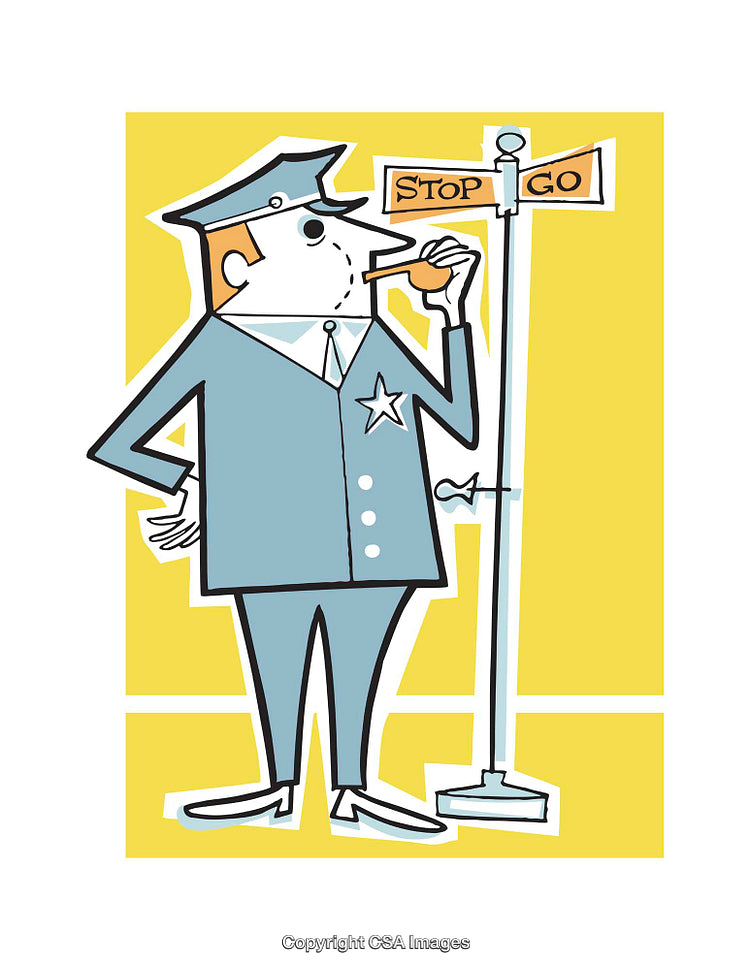 Cartoon Policeman by Stop and Go Sign with a Whistle