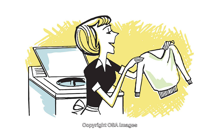 Retro Illustration of Woman Doing Laundry with Washer in Yellow Background