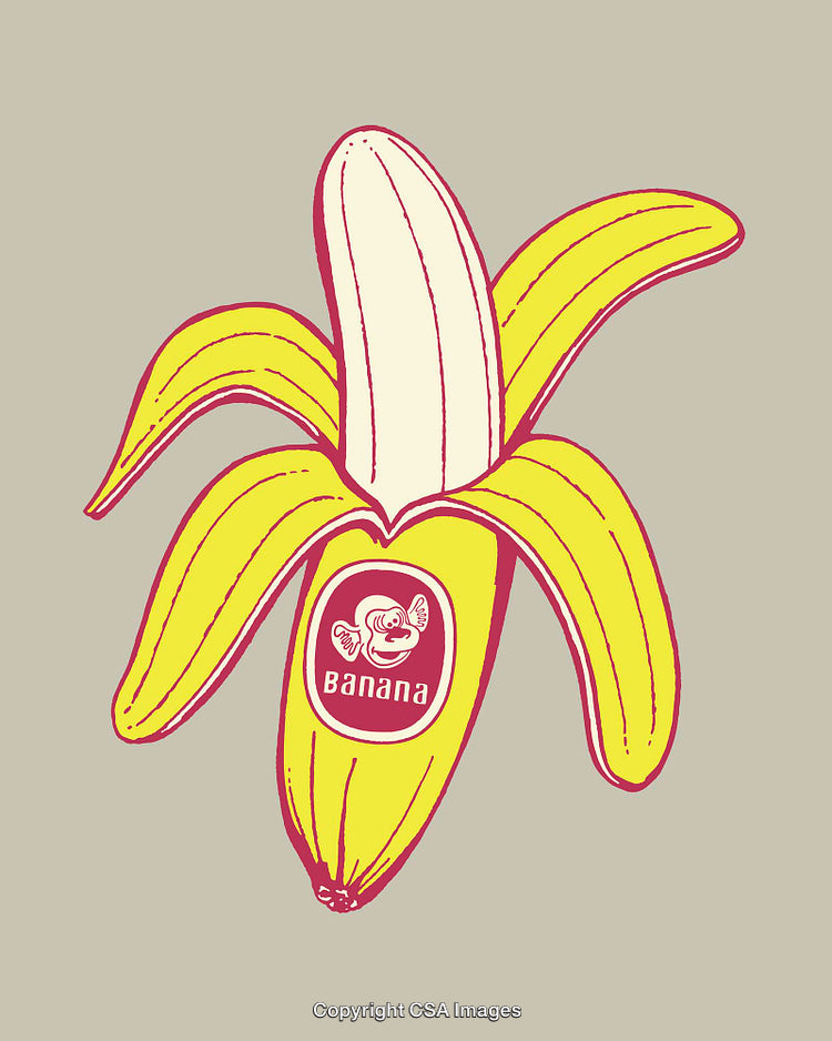 Brightly Colored Illustration of a Peeled Banana with Iconic Label
