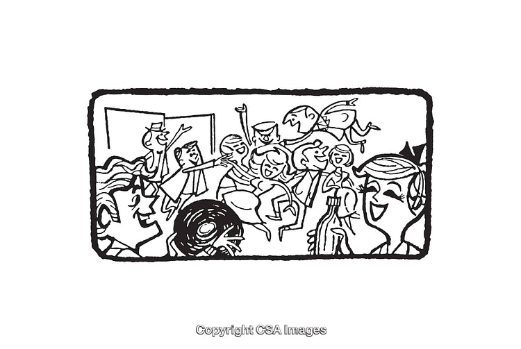 Black and White Line Art of Group Party Scene with Joyful Characters