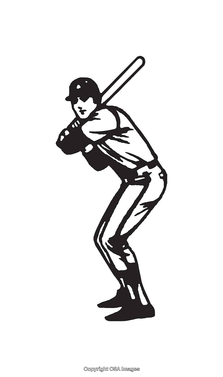 Black and White Line Drawing of a Baseball Player Holding a Bat