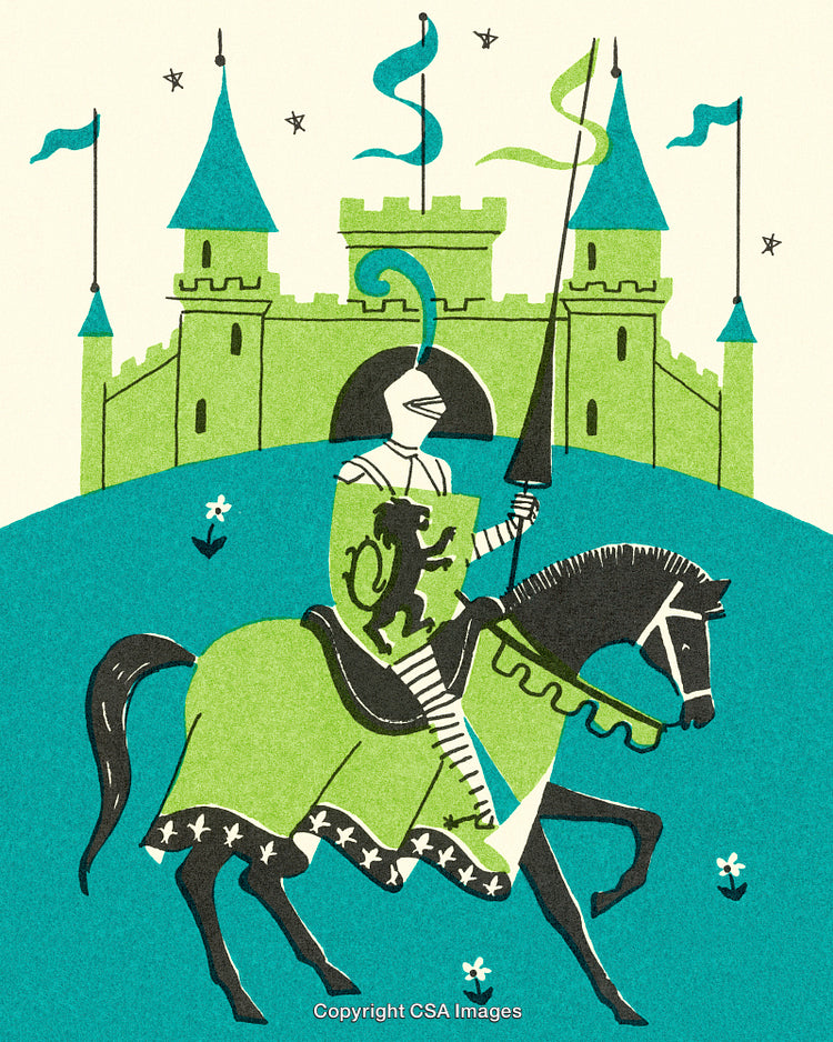 Knight in Armor on Horseback Near a Medieval Castle with Banners Flying