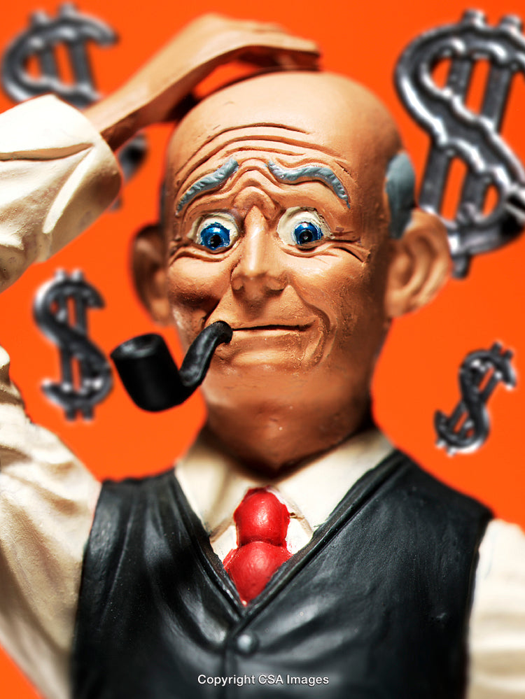 Quirky Toy Businessman with Pipe and Dollar Signs Background