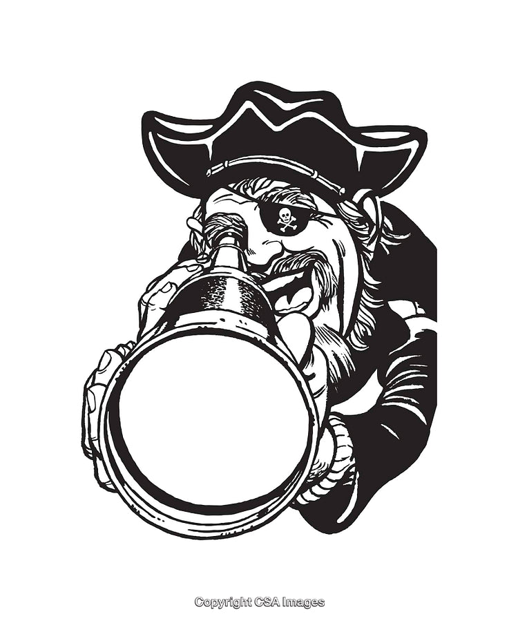 Black and White Pirate Illustration with Telescope and Skull Hat