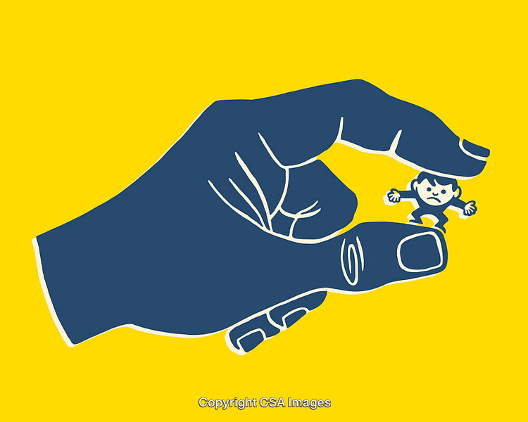 Stylized Blue Hand Pinching Small Protester on Yellow Background
