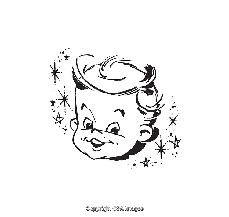 Vintage Line Art Illustration of a Smiling Child Amidst Stars