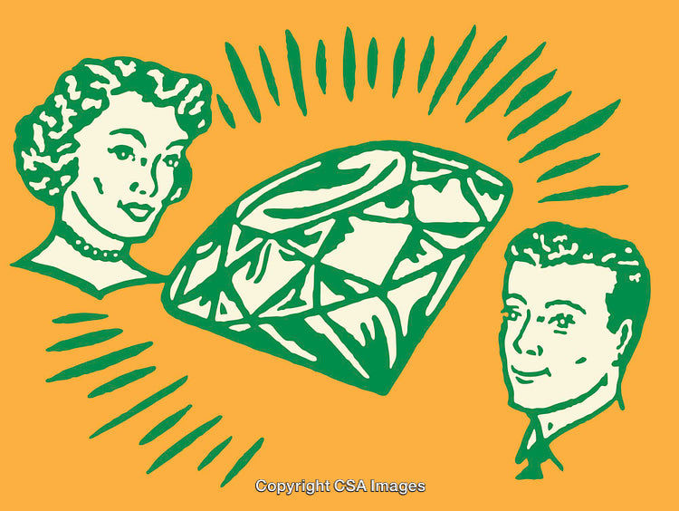 Retro Style Illustration of a Diamond Highlighted Between Two Individuals