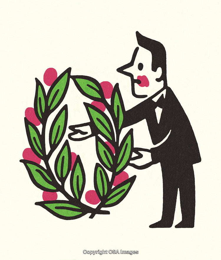 Elegant Cartoon Man Presenting a Laurel Wreath in a Whimsical Illustration