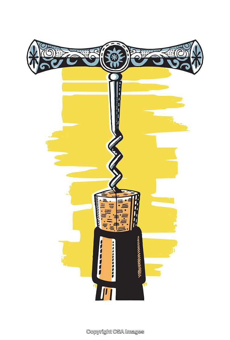 Elegant Corkscrew Illustration With Bottle and Cork on Yellow Background
