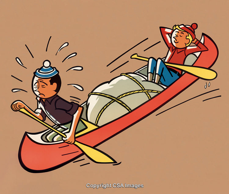 Cartoon Illustration of Teamwork and Humor in a Canoe Journey