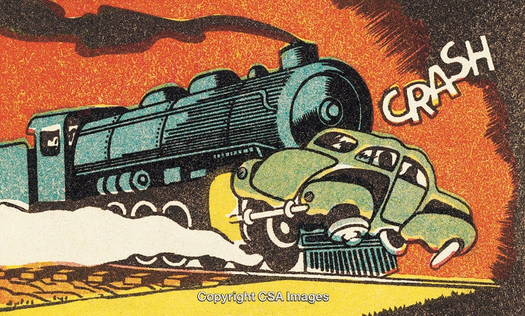 Retro Illustration of a Train Colliding With a Car on the Tracks