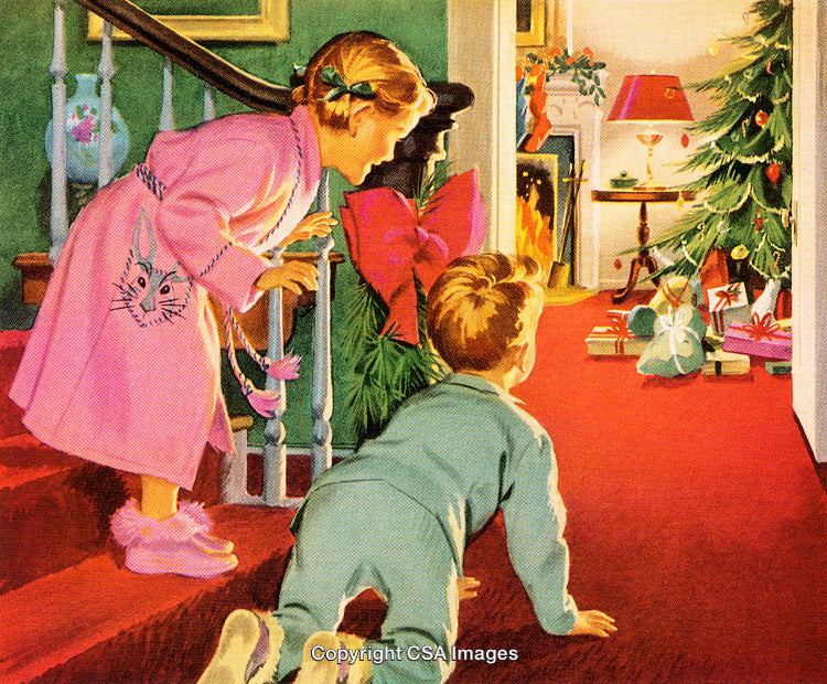 Children Excitedly Gaze at Christmas Tree and Gifts on a Holiday Morning
